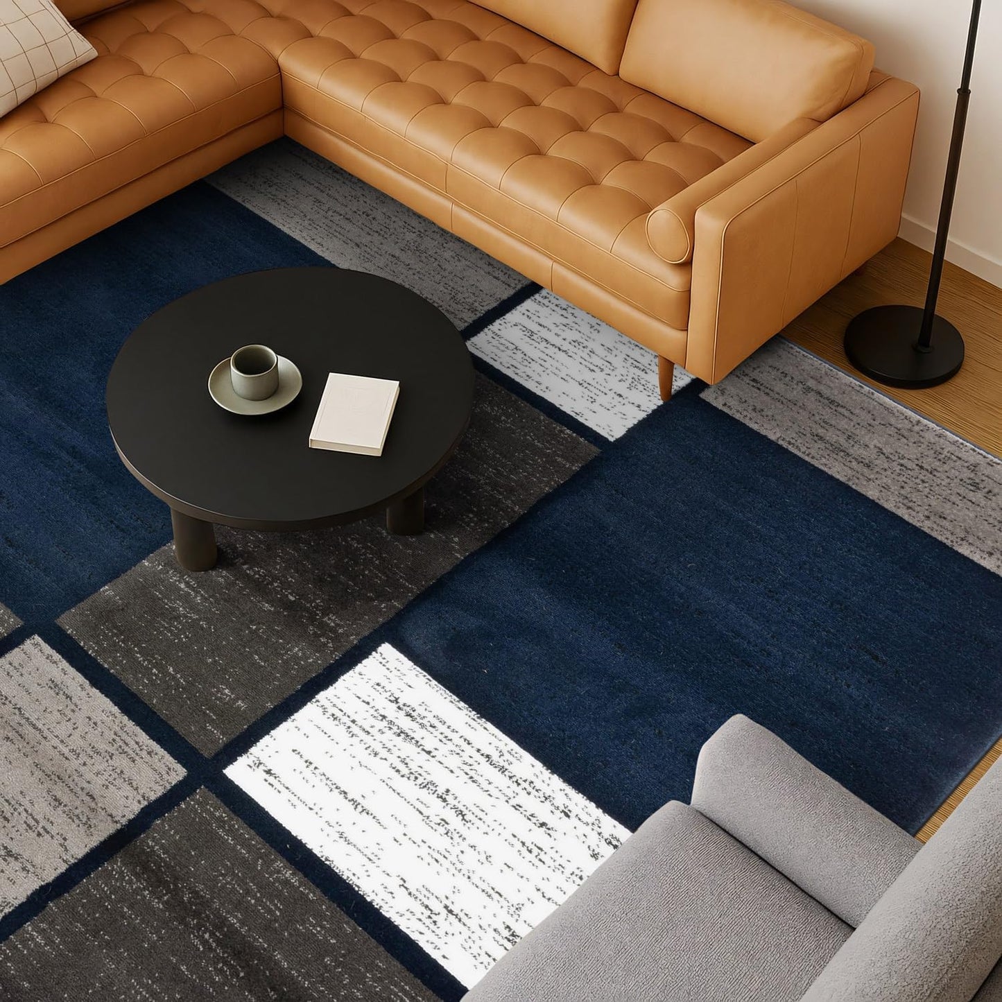 Modern Geometric Boxes Navy Area Rug, Non-Shedding Carpet for Living Room, Bedroom, or Dining Room, 5'3" X 7'3"