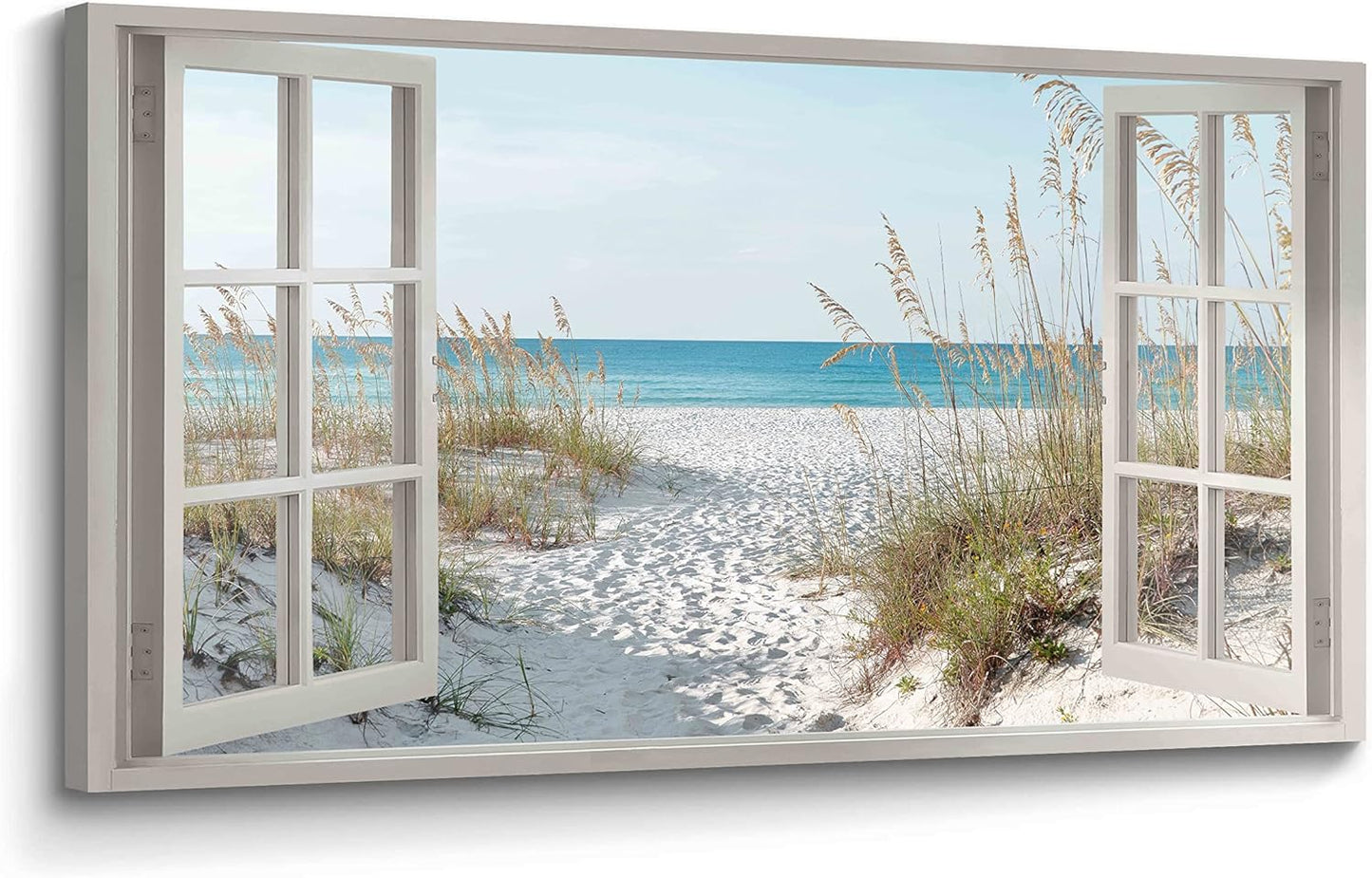 Window Beach Framed Wall Art Canvas Large Tropical Coastal Sea Landscape 48"X24"