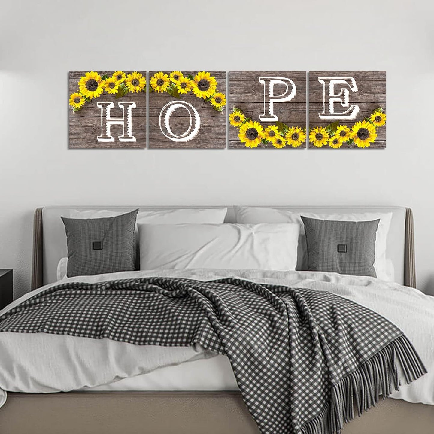 Hope Sign Sunflower Wall Art for Living Room Bathroom Decor Wall Art Set, Kitchen Wall Art Farmhouse Wall Art, 4 Piece Motivational Canvas Wall Art Prints Pictures for Bedroom Wall Decor