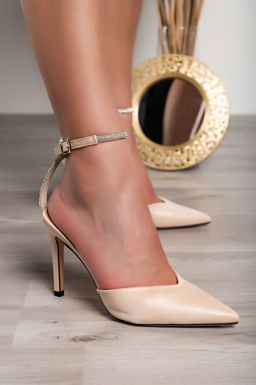 Heeled shoes with rhinestones, beige