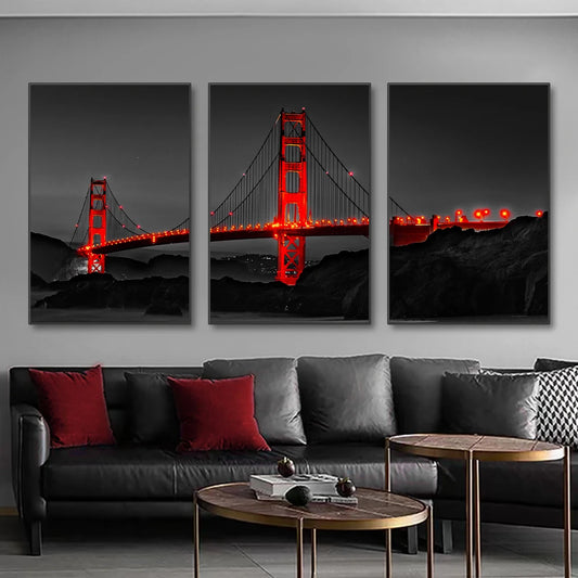 3PCS Frameless Poster Golden Gate Bridge Night Landscape Canvas Painting Wall Art Prints Pictures for Living Room Home Decor