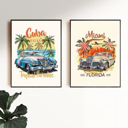 Cuba Beach Wall Art Canvas Painting Retro Car Poster Miami Palm Vintage Prints Wall Pictures for Living Room Bedroom Home Decor