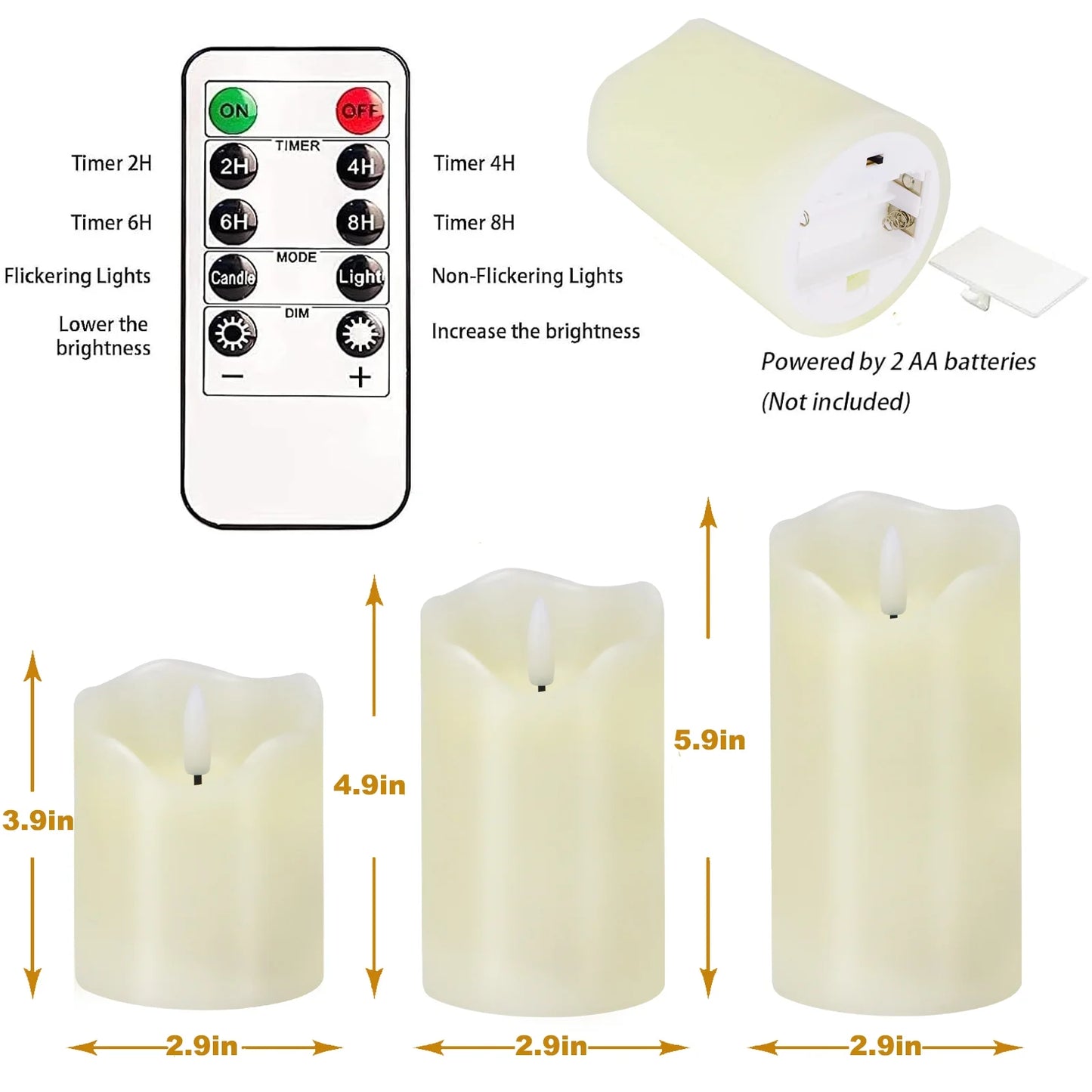 Flameless Candles Lights, Set of 3 White Flickering LED Candles with Remote & Timer, Dimmable LED Pillar Candles Battery Operated, Electric Candles for Halloween Thanksgiving Christmas Decor