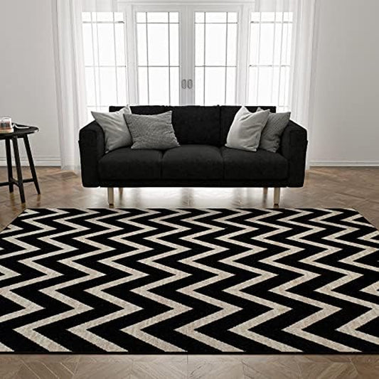 Premium Zig Zag Area Rug Stylish and Durable Living Room Bad Room Rug Pet-Friendly Design Easy-Clean Rug Long-Lasting Rug for Baby Large Black - 8X10