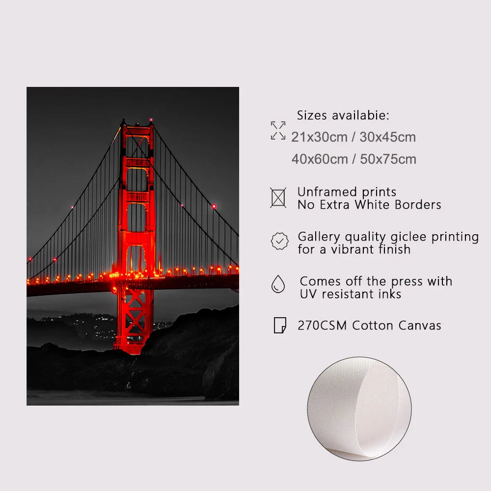 3PCS Frameless Poster Golden Gate Bridge Night Landscape Canvas Painting Wall Art Prints Pictures for Living Room Home Decor