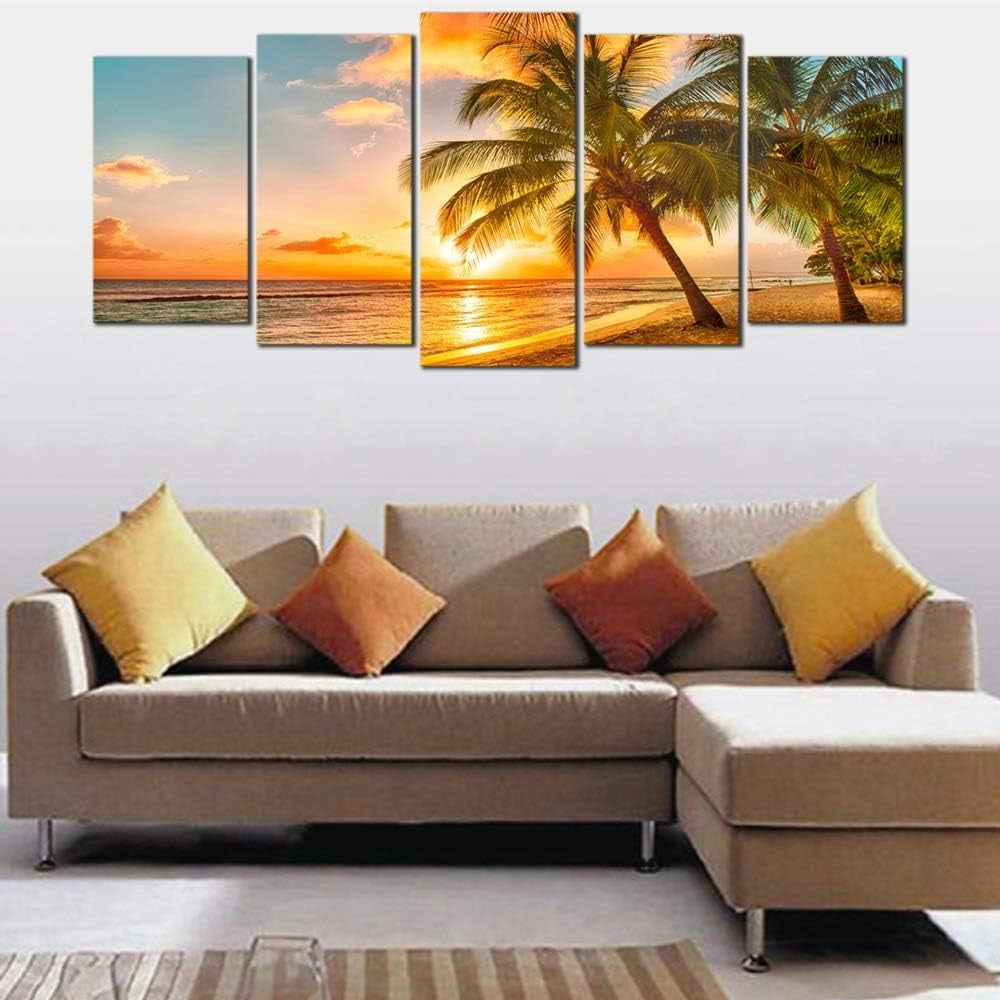 Cozy Sea Extra Large Modern Ocean Sunset Sea Beach Canvas Prints Pictures Paintings on Canvas Wall Art for Home Decor 5 Panels Gallery Wrapped Tropical Scenery Seascape Giclee Artwork