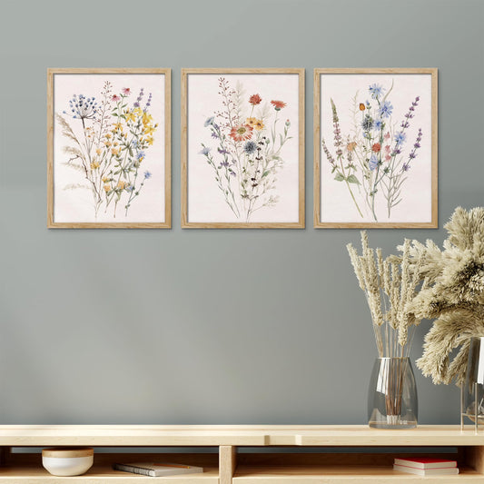 Framed Canvas Print Wall Art Set - Multicolor Wildflowers Poster Art - Set of 3 Watercolor Nature Wilderness Floral Botanical Vintage Wall Décor for Living Room - 11"X14" Natural