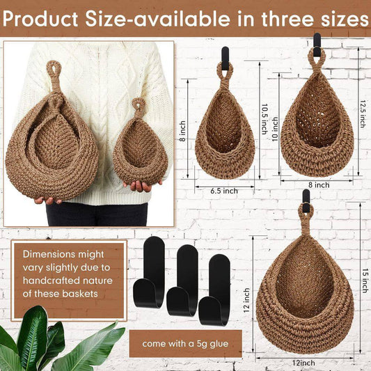 3 Piece Boho Decor Hanging Wall Baskets for Kitchen, Teardrop Storage Baskets with Hooks, Brown Hemp Rope Organizer