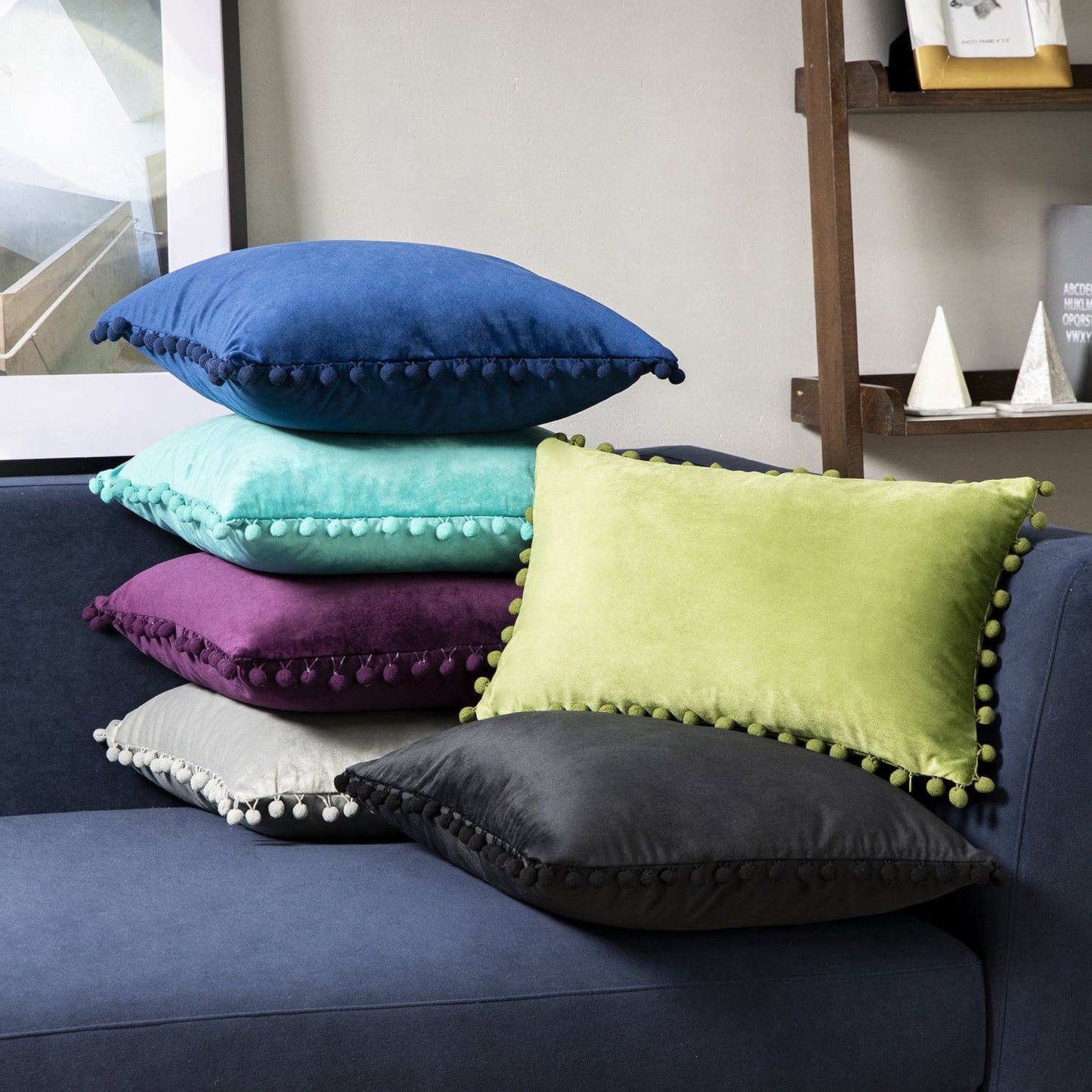 Throw Pillow with Insert,Silky Velvet Series Pom Pom Decorative Pillow, 20" X 20", Turquoise, 2 Pack