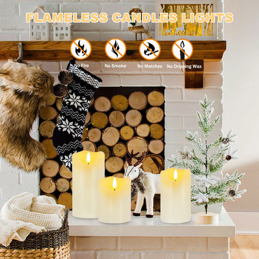 Flameless Candles Lights, Set of 3 White Flickering LED Candles with Remote & Timer, Dimmable LED Pillar Candles Battery Operated, Electric Candles for Halloween Thanksgiving Christmas Decor