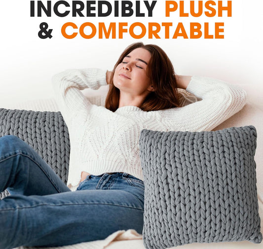 Knit Throw Pillow - Decorative Chunky Knit Pillow for Couch & Bed - Machine Washable - 18" - Gray
