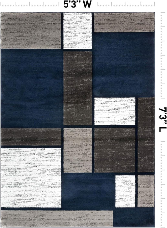 Modern Geometric Boxes Navy Area Rug, Non-Shedding Carpet for Living Room, Bedroom, or Dining Room, 5'3" X 7'3"
