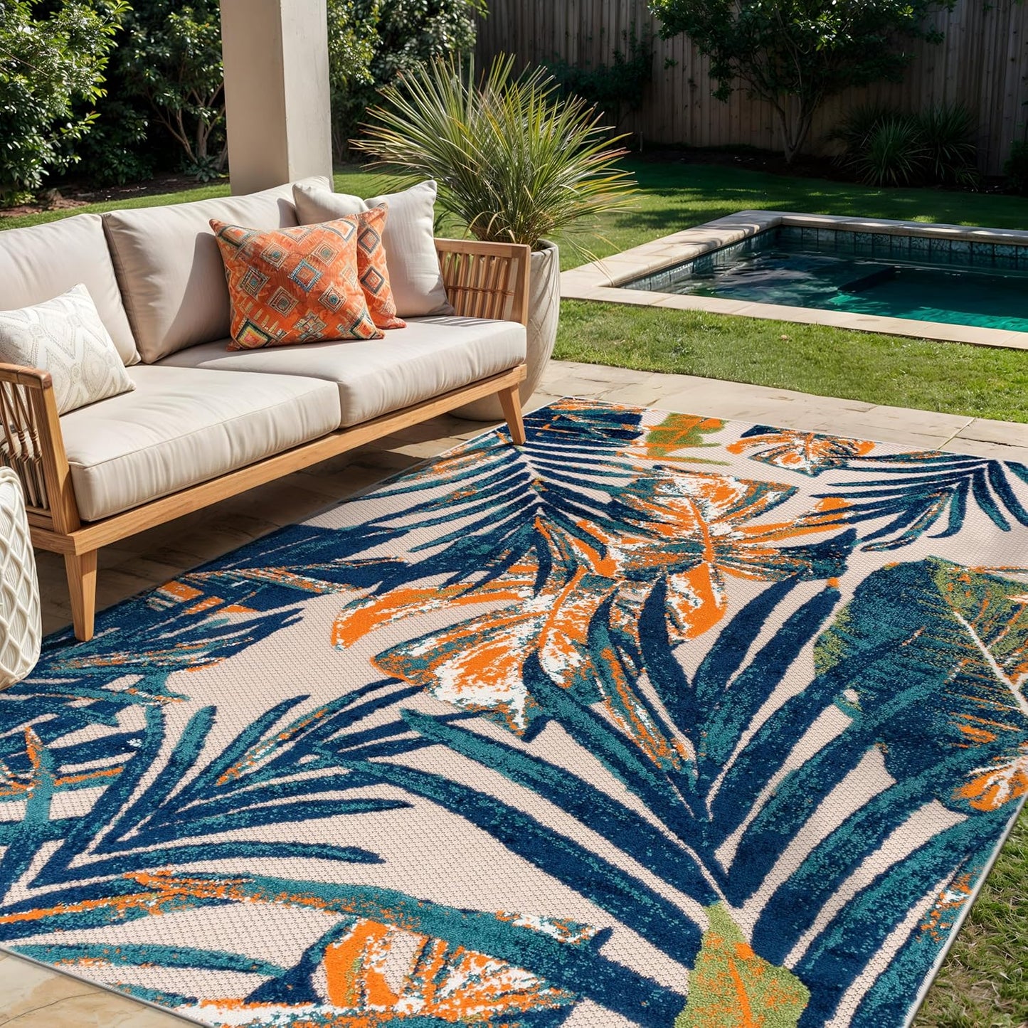 Tropical Floral Leaves Indoor/Outdoor Area Rug Durable Polypropylene, Non-Shedding, Easy to Clean, Perfect for Patio, Backyard, Deck and Outdoor Lounge, High Traffic Areas, 7'10" X 10'