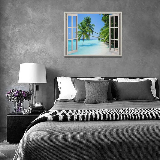 Tropical Palm Beach Wall Art Coastal Ocean Bathroom Pictures Wall Decor 3D Window Canvas Prints Framed Modern Seascape Landscape Painting Artwork for Living Room Hotel Kitchen Offic 16"X12"