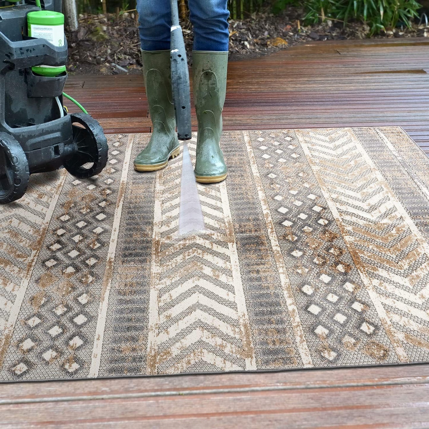 Distressed Geometric Indoor/Outdoor Beige Runner Rug Modern Tribal Stripe, Durable Stain Resistant Low Profile Perfect for Patio, Backyard, Deck and Outdoor Lounge 2' X 7'