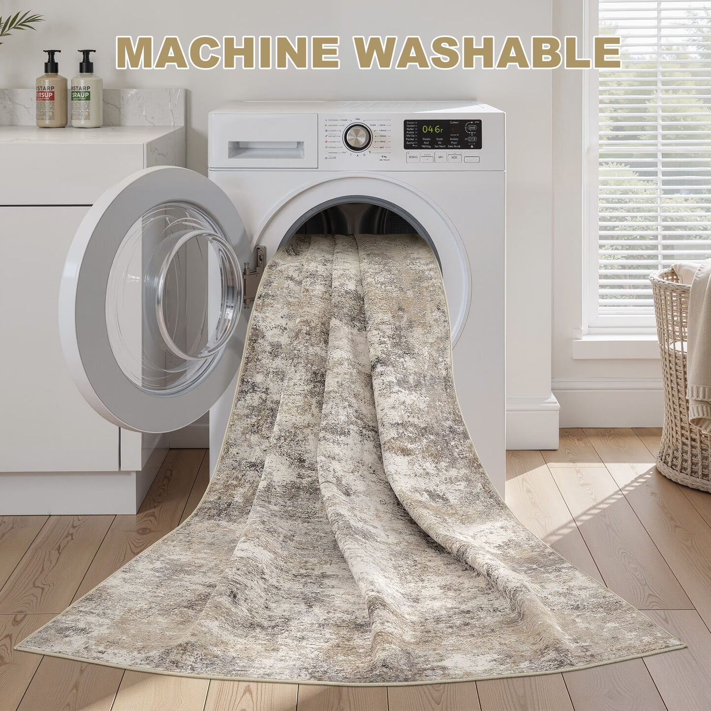 5'X5' round Washable Area Rugs for Living Room, Modern Abstract Printed Rug, Vacuum-Friendly, Non Slip Indoor Rug for Bedroom Entryway Home Decor Carpet, Gold Brown