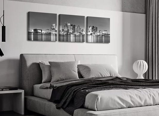 Boston Skyline Canvas Wall Art, Black and White City Night Scene Art Prints, Framed Panoramic Cityscape Pictures, Modern Living Room Bedroom Office Decor, Set of 3 (16X16 Inch)