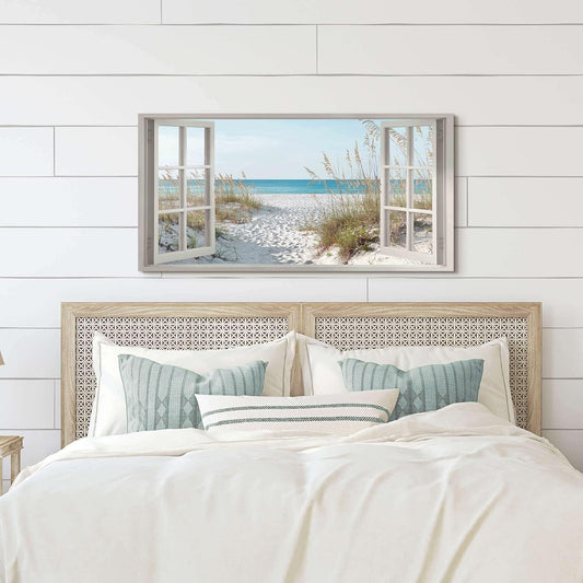 Window Beach Framed Wall Art Canvas Large Tropical Coastal Sea Landscape 48"X24"