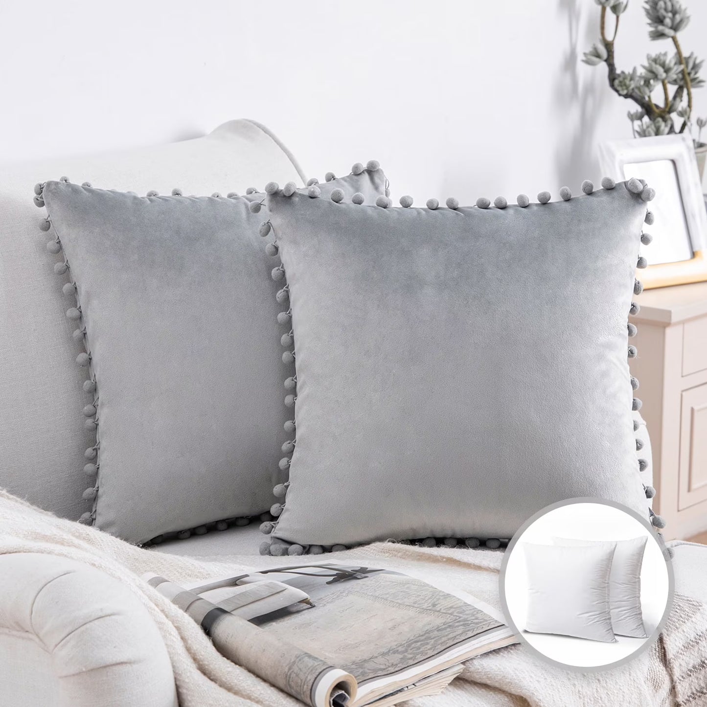Throw Pillow with Insert,Silky Velvet Series Pom Pom Decorative Pillow, 18" X 18", Gray, 2 Pack