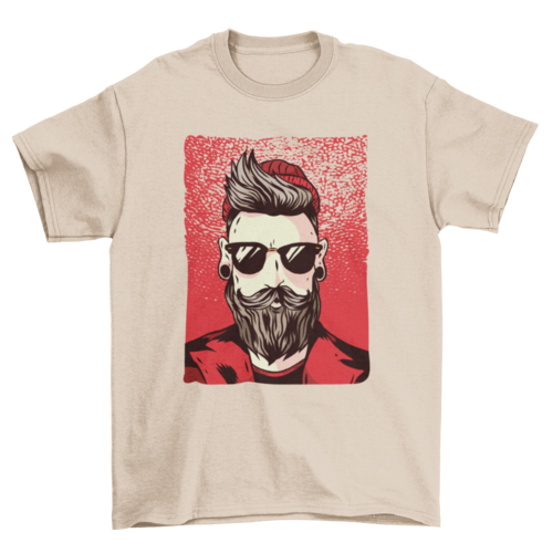 Bearded hipster with moustache sunglasses red beanie hat jacket black