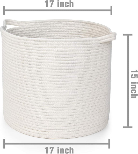Rope Baskets 17"X17"X15" Large Storage Baskets,Woven Nursery Bins,Cotton Baskets,,White Basket,Blanket Storage Baskets,Off White
