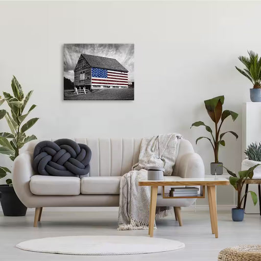24 In. X 30 In. "Black and White Farmhouse Barn American Flag" by James Mcloughlin Canvas Wall Art