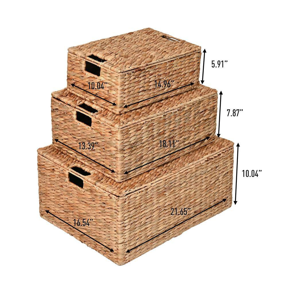 Brooks Classic Farmhouse Metal/Hyacinth Rectangular Storage Decorative Baskets with Lids and Handles, Natural (Set of 3)