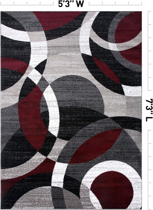 Red Modern Geometric Indoor Area Rug, Overlapping Circle Pattern, Fade Resistant, Non-Shedding, for Living Room, Bedroom and Home Office, 5'3" X 7'3"