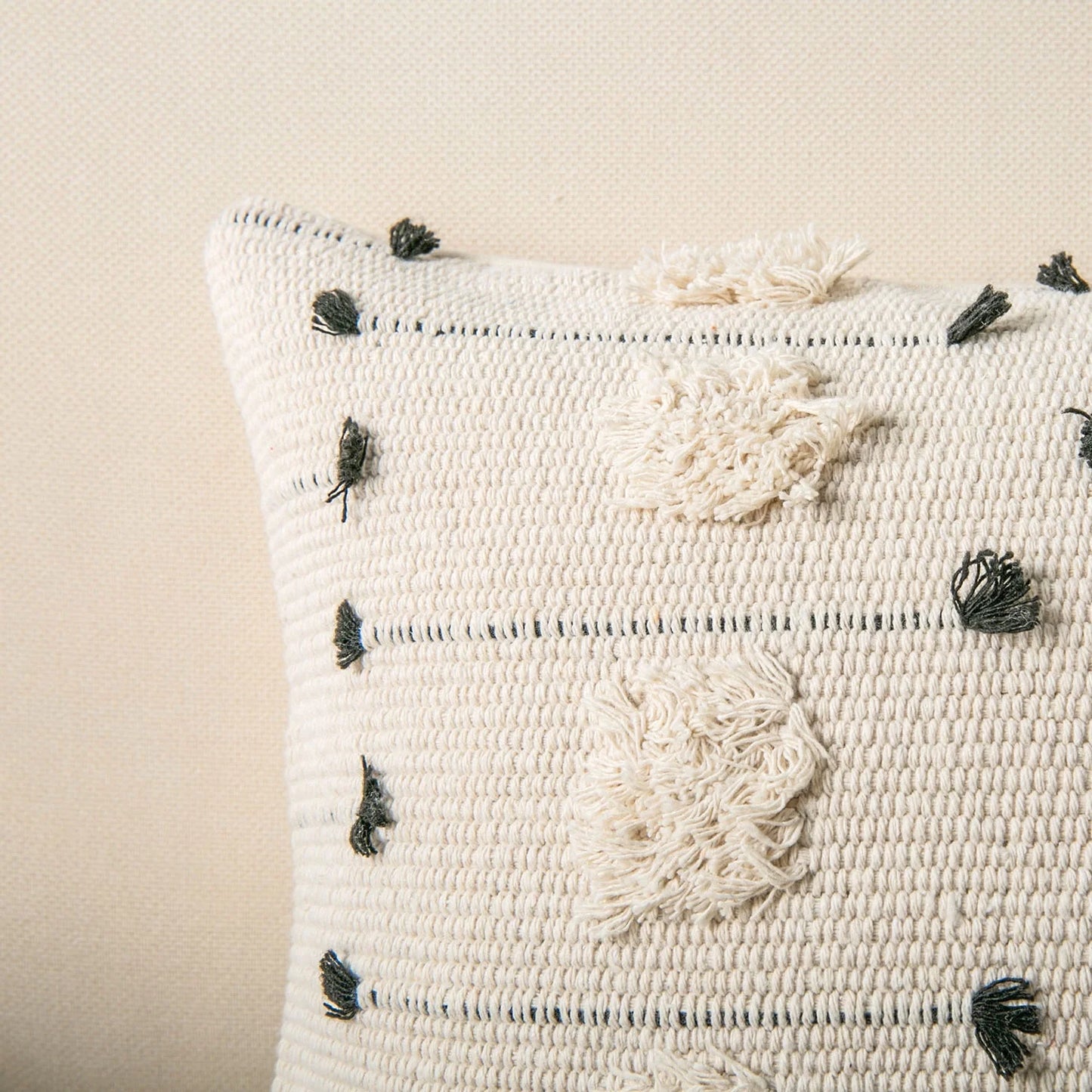 Boho Woven Tufted Series Decorative Throw Pillow Cover, 18" X 18", Beige with Black Dot, 1 Pack