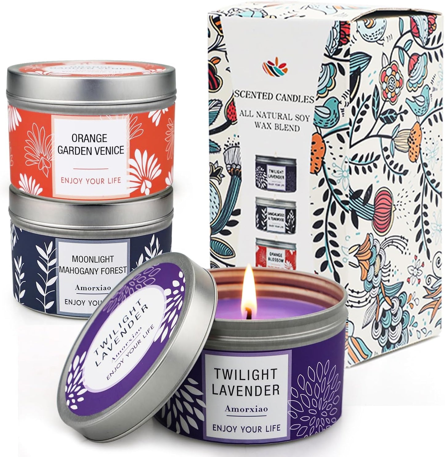 Scented Candle Gift Set for Women, 3 Pack Large Soy Wax Candles in Tins, 6.2 Oz Each, 35-40 Hr Burn, Lavender, Orange Blossom & Mahogany Woods