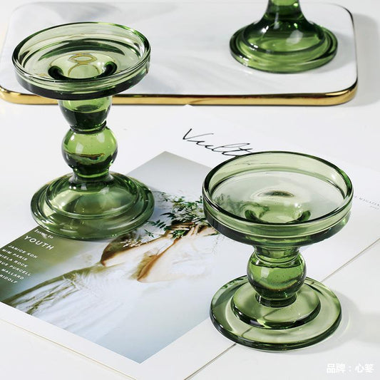 European Retro Dark Green Stained Glass Candle Holder