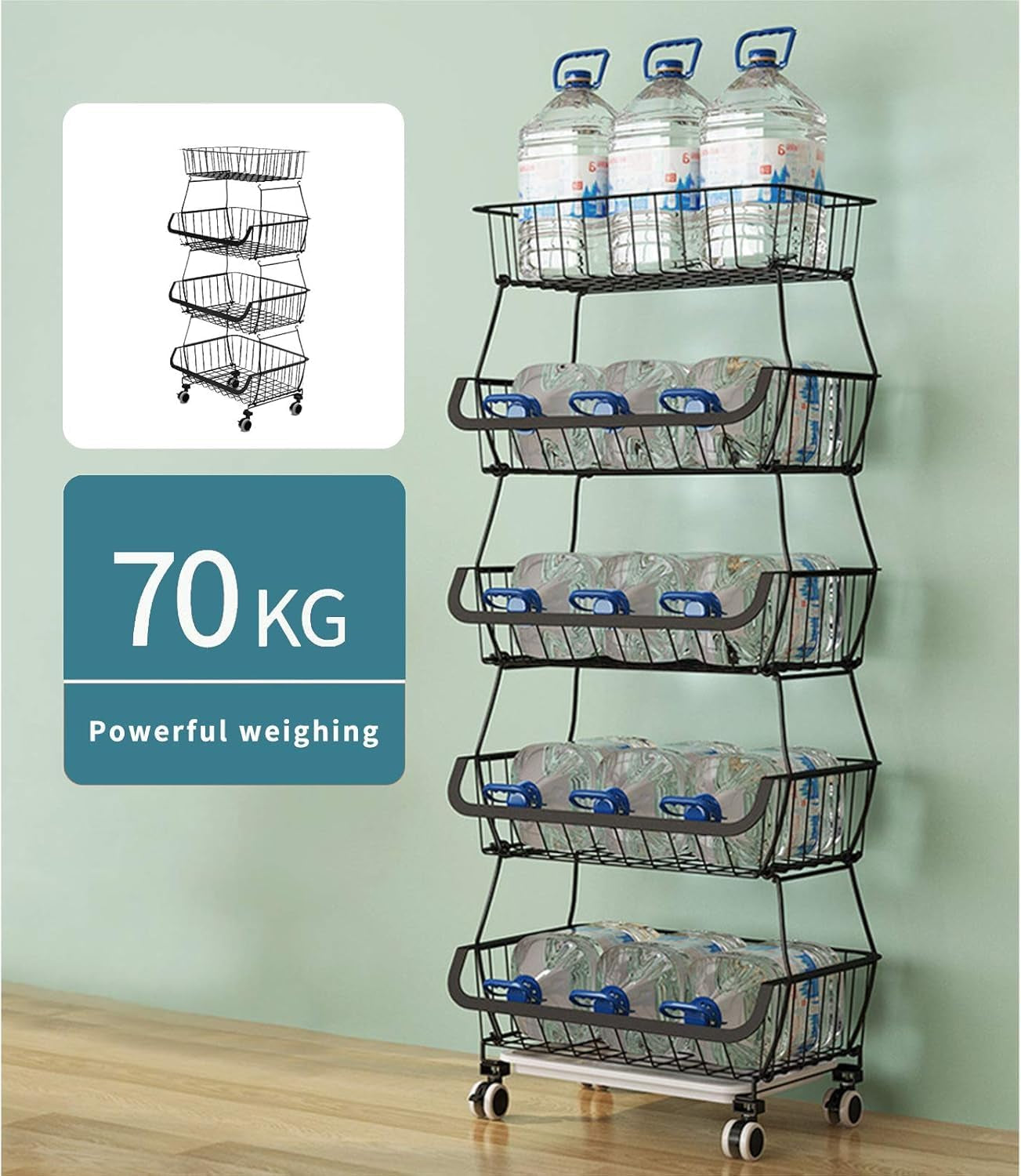 Kitchen Storage Baskets Black Iron Wire Storage Bins with Wheels and Feet, Stackable Vegetable Storage Baskets (6-Tier Baskets)