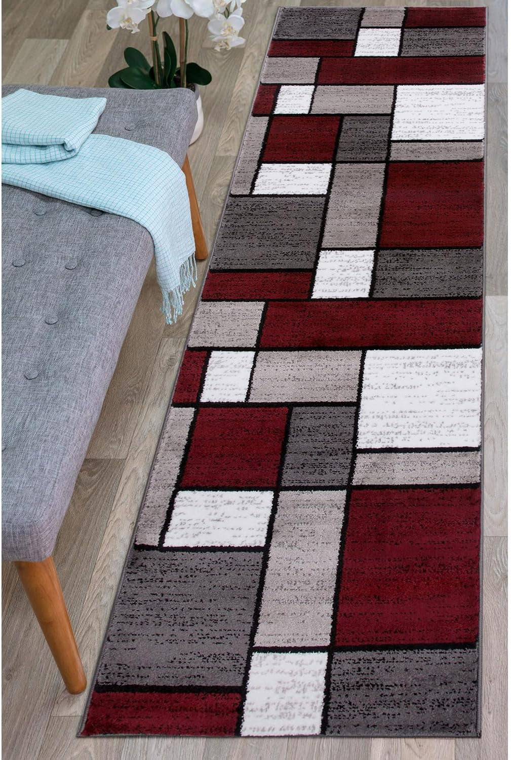 Modern Geometric Boxes Red Area Rug, Carpet with Jute Backing for Hallway, Entryway, or Laundry Room, 2' X 7'2"