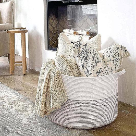 Cotton Rope Basket, 21.7 In. X 21.7 In. X 13.8 In. White Woven Baby Laundry Basket for Blankets