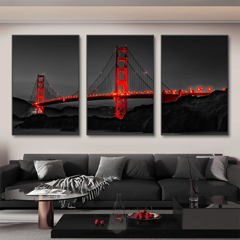 3PCS Frameless Poster Golden Gate Bridge Night Landscape Canvas Painting Wall Art Prints Pictures for Living Room Home Decor