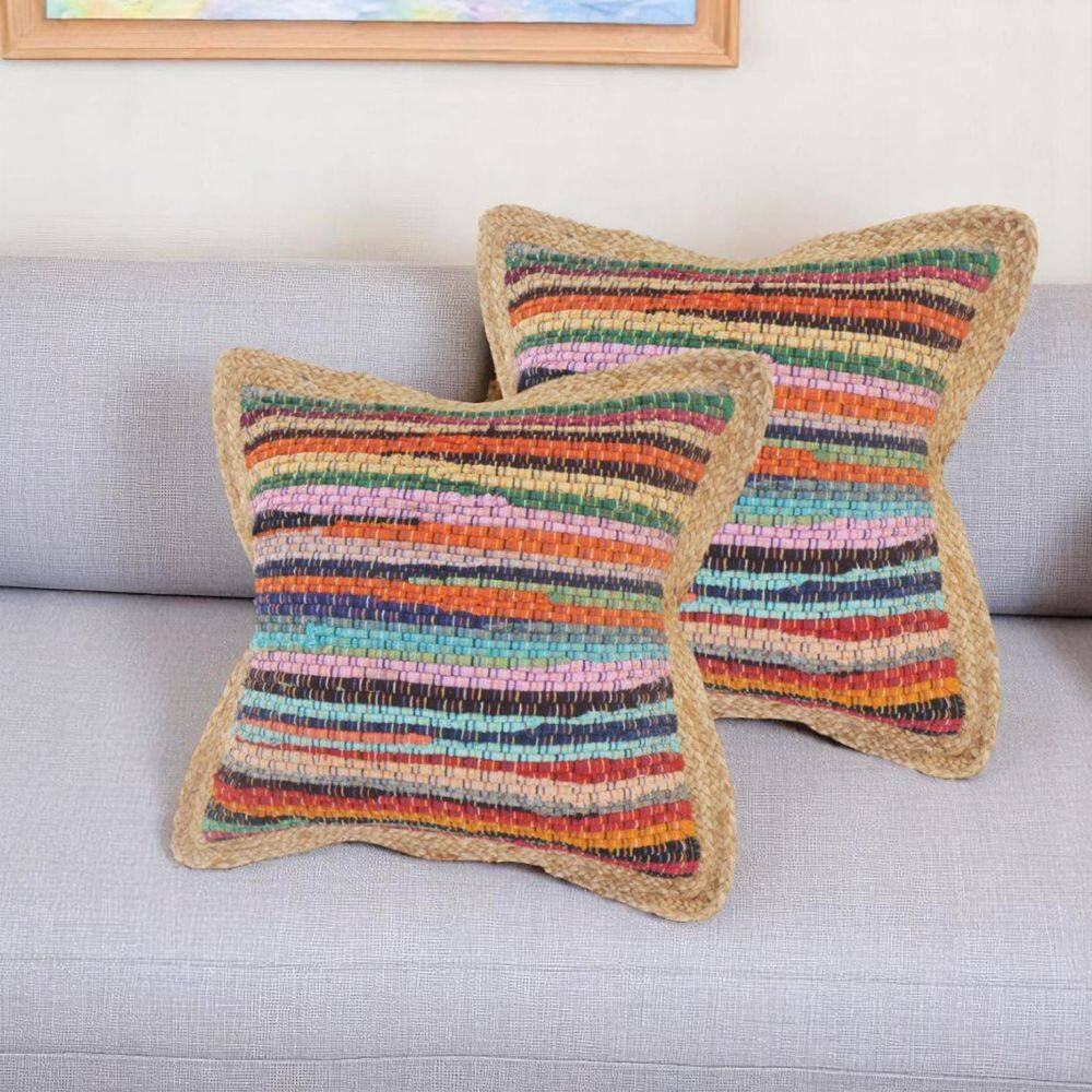 Blue, Natural, Red Striped Polyfill 20.00 In. X 20.00 In. Throw Pillow (Set of 2)