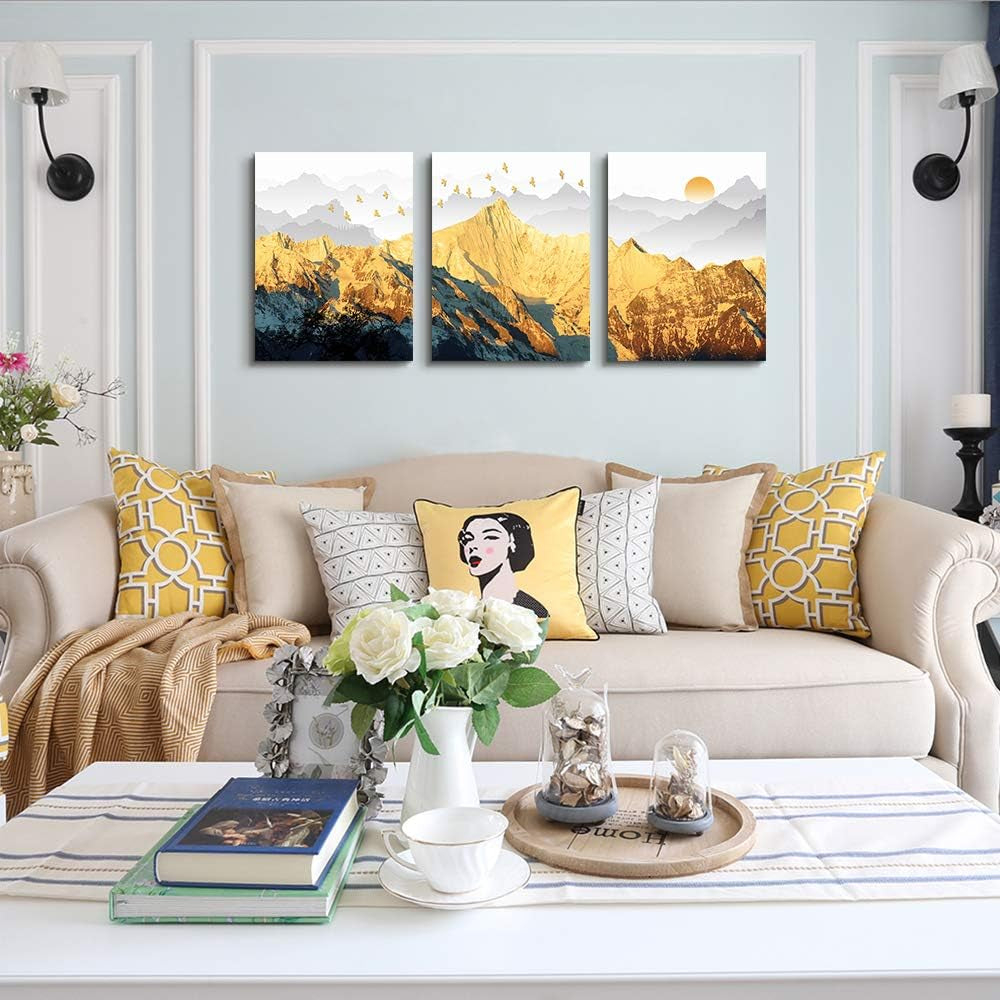 Golden Mountain Abstract Wall Art, 16 X 24 Inches, Modern Abstract Landscape Painting, Framed Canvas Prints, Home Wall Decor for Bedroom, Living Room, Office, Kitchen