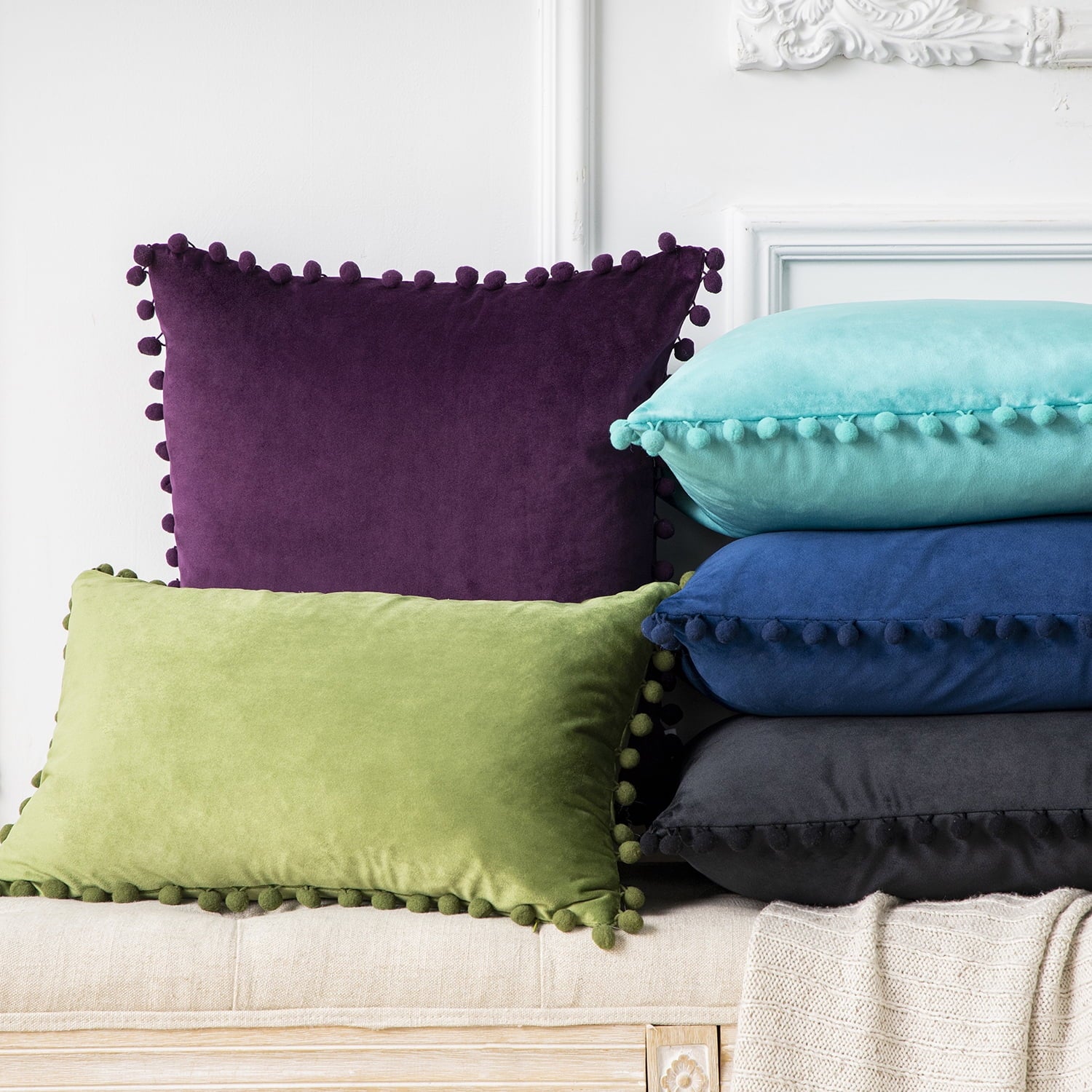 Throw Pillow with Insert，Silky Velvet Series Pom Pom Decorative Pillow, 20" X 20", Green, 2 Pack