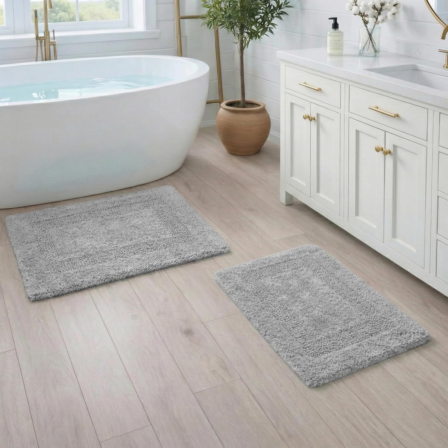Cotton Reversible Bathmat Rug Set of 2, 21X32/17X24 Inches - Light Grey, Luxury Dual Flip Ultra Soft Washable Bath Rugs Ideal for Hotel Quality, Spa Style, Toilet | Fast Drying Thick Mat for Bathroom