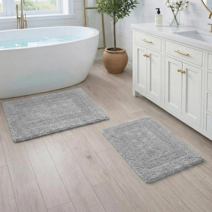 Cotton Reversible Bathmat Rug Set of 2, 21X32/17X24 Inches - Light Grey, Luxury Dual Flip Ultra Soft Washable Bath Rugs Ideal for Hotel Quality, Spa Style, Toilet | Fast Drying Thick Mat for Bathroom