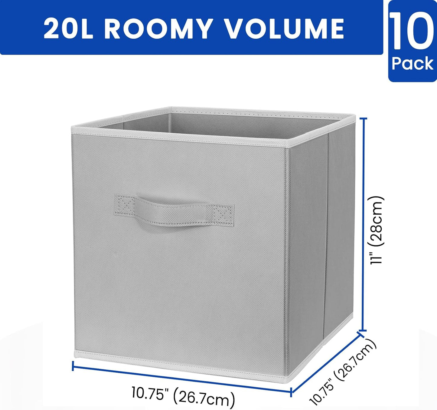 Storage Cubes, 11 Inch Cube Storage Bins for Shelves (10 Pack), Fabric Collapsible Storage Bins with Dual Handles, Foldable Cube Baskets for Clothes, Closet Organizers and Storage Box (Grey)