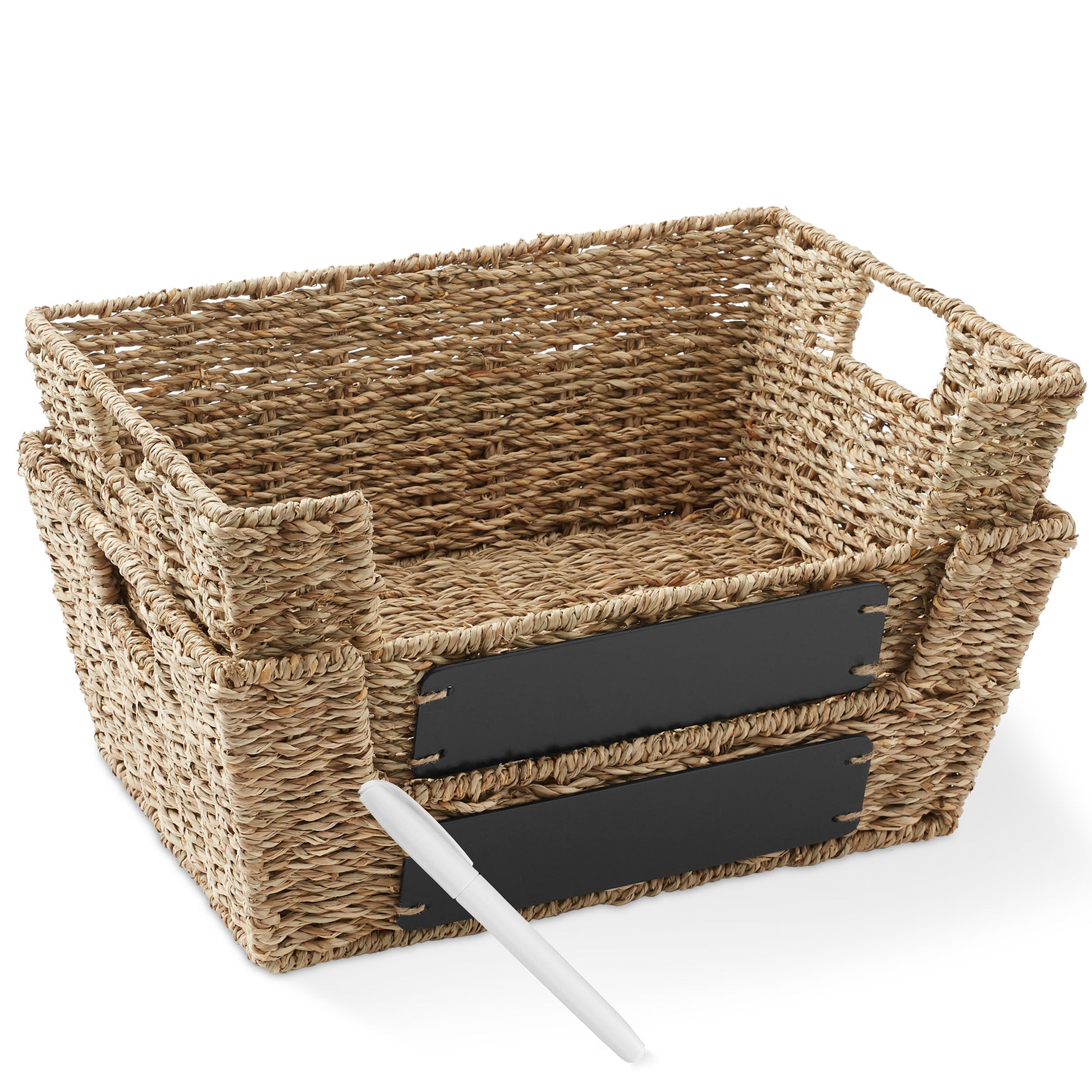 2Pk Wide Pantry Baskets, Wicker Hyacinth Seagrass Kitchen Shelf Storage Bins