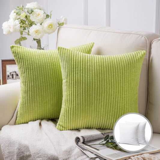 Fluffy Corduroy Velvet Solid Color Suqare Cusion Accent Decorative Throw Pillow for Couch, 22" X 22", Pale Green, 2 Pack