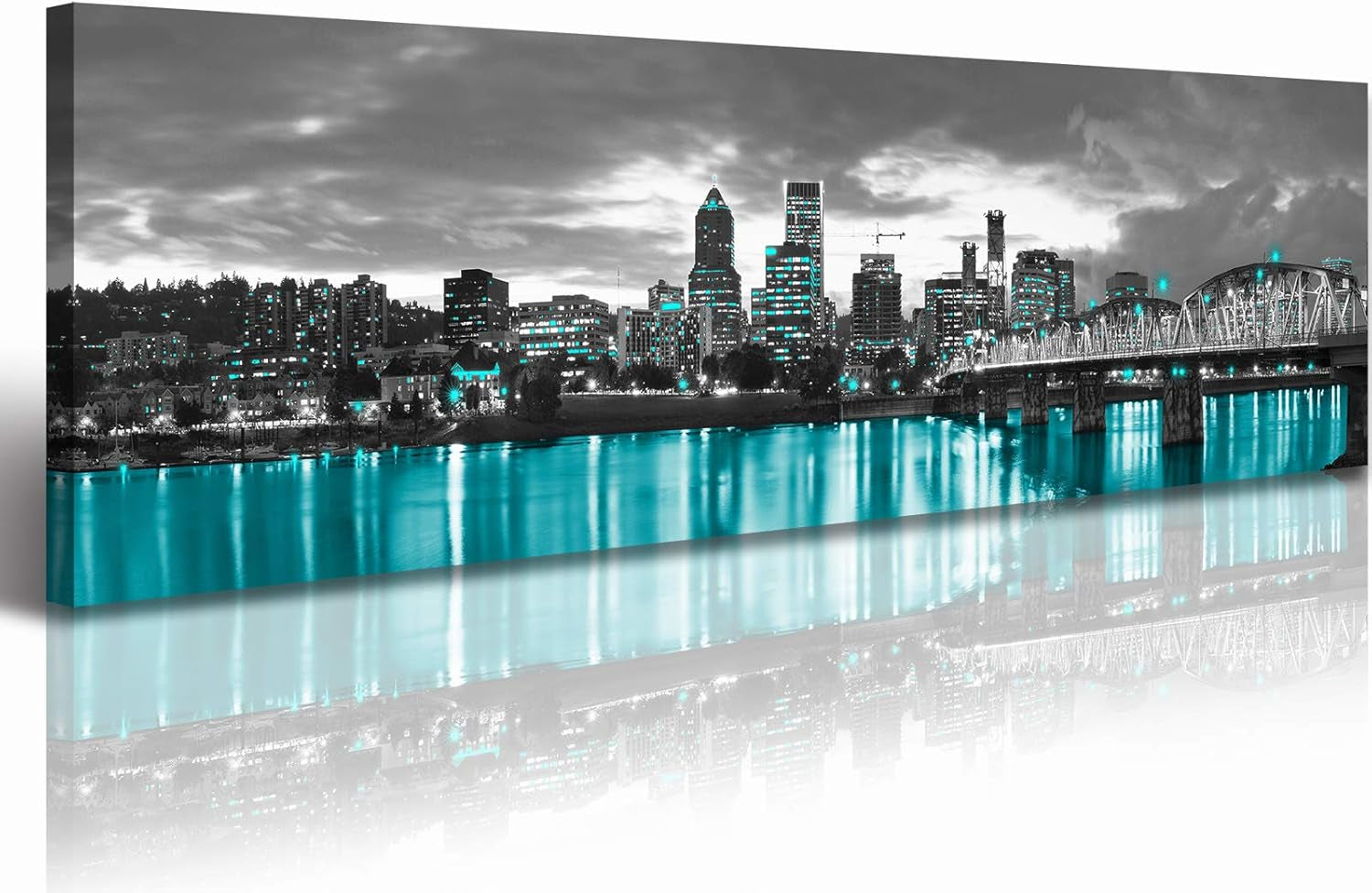 Framed Black White Cityscape Canvas Print, Modern Wall Art for Living Room, Bedroom & Office Decor, Portland Oregon Skyline Picture, Large Wall Decor 14X48 Inches
