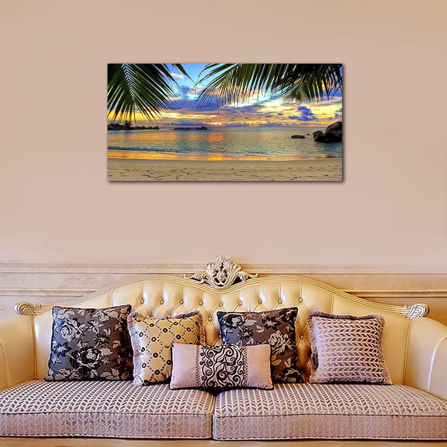 Tropic Beach Sunset Canvas Art - Large Palm Tree Ocean Landscape 29" X 58