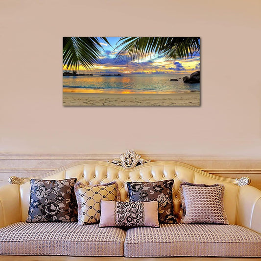 Tropic Beach Sunset Canvas Art - Large Palm Tree Ocean Landscape 29" X 58