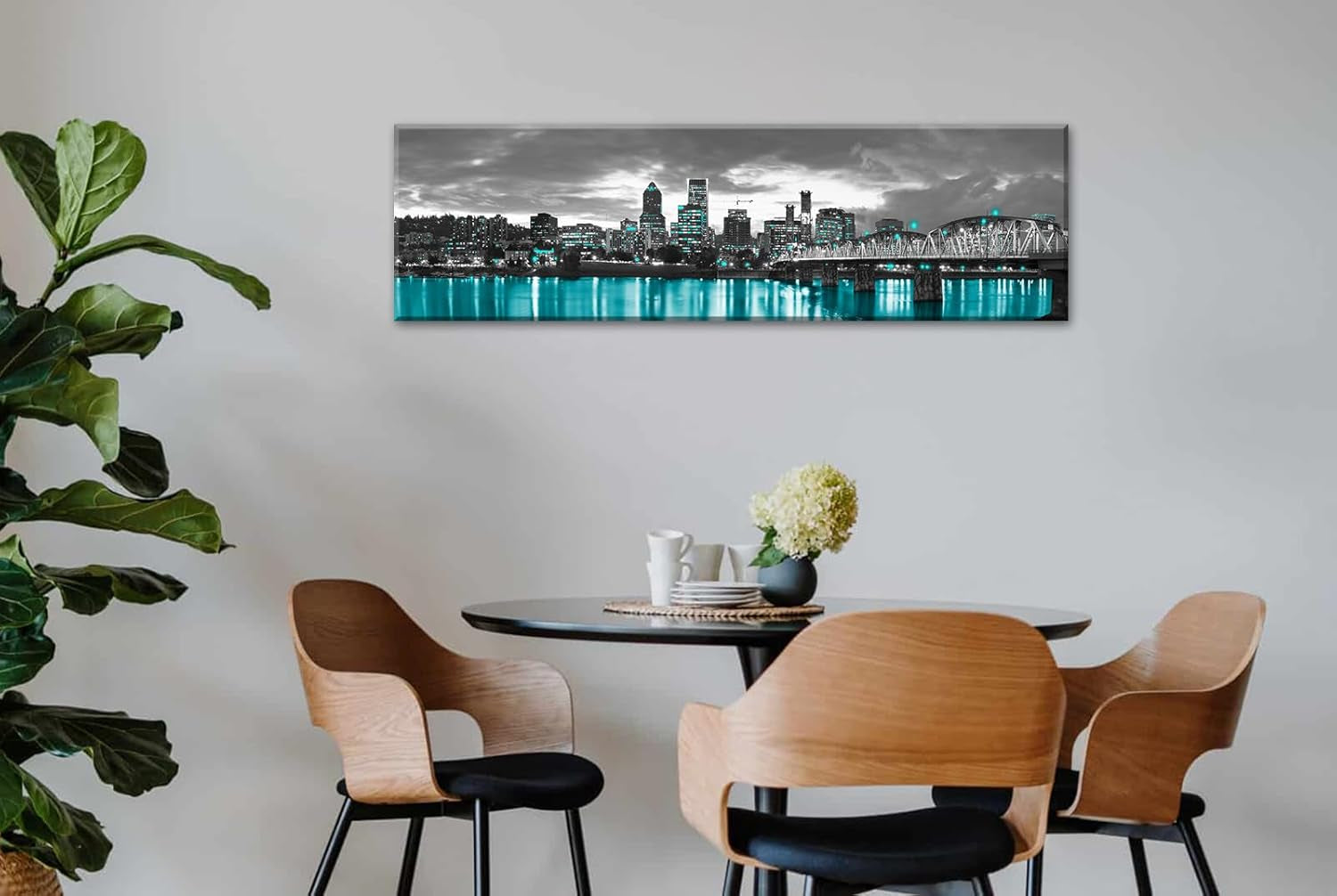 Framed Black White Cityscape Canvas Print, Modern Wall Art for Living Room, Bedroom & Office Decor, Portland Oregon Skyline Picture, Large Wall Decor 14X48 Inches