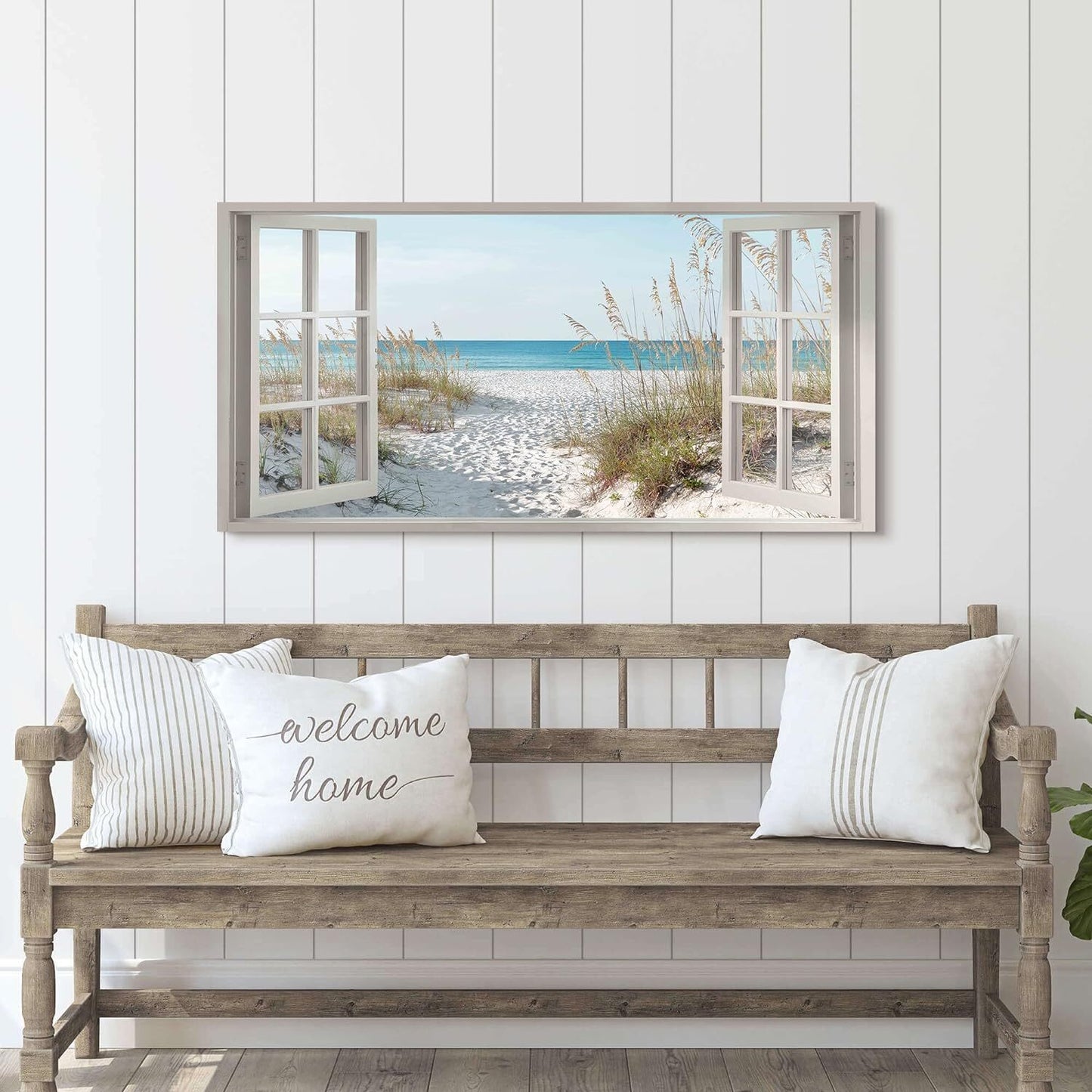Window Beach Framed Wall Art Canvas Large Tropical Coastal Sea Landscape 48"X24"