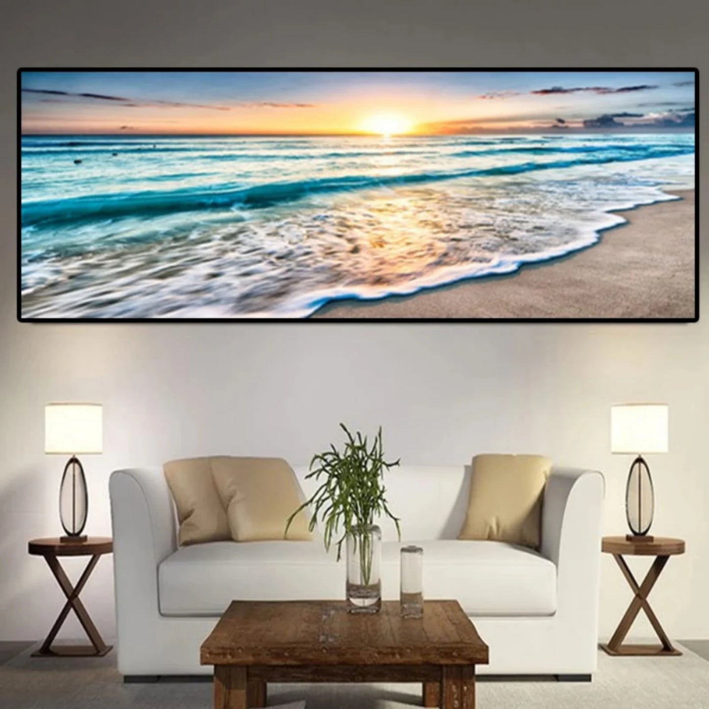 19.7*59 Inch Beach Wall Art for Living Room - Ocean Pictures Sunset Canvas Pictures Wall Decor,Blue Sky and Coastal Scenery Seascape Paintings for Bedroom Bathroom Office Home