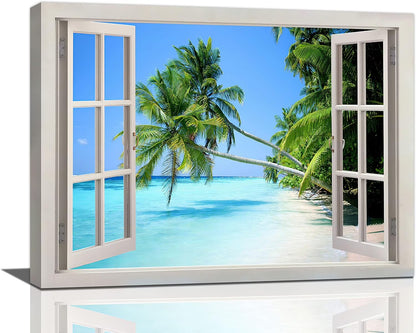 Tropical Palm Beach Wall Art Coastal Ocean Bathroom Pictures Wall Decor 3D Window Canvas Prints Framed Modern Seascape Landscape Painting Artwork for Living Room Hotel Kitchen Offic 16"X12"